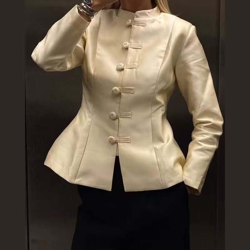 Veste en satin à col montant et boucles pour femme, manteau cintré