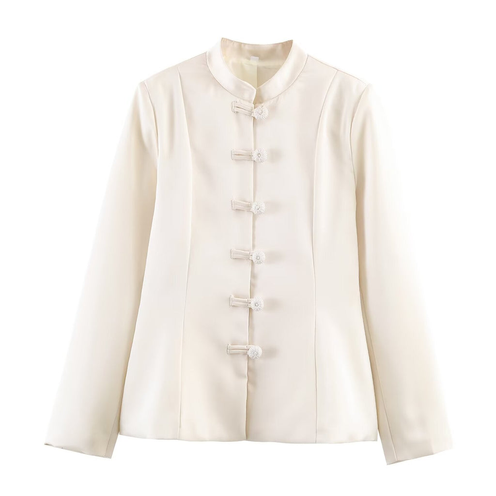 Veste en satin à col montant et boucles pour femme, manteau cintré