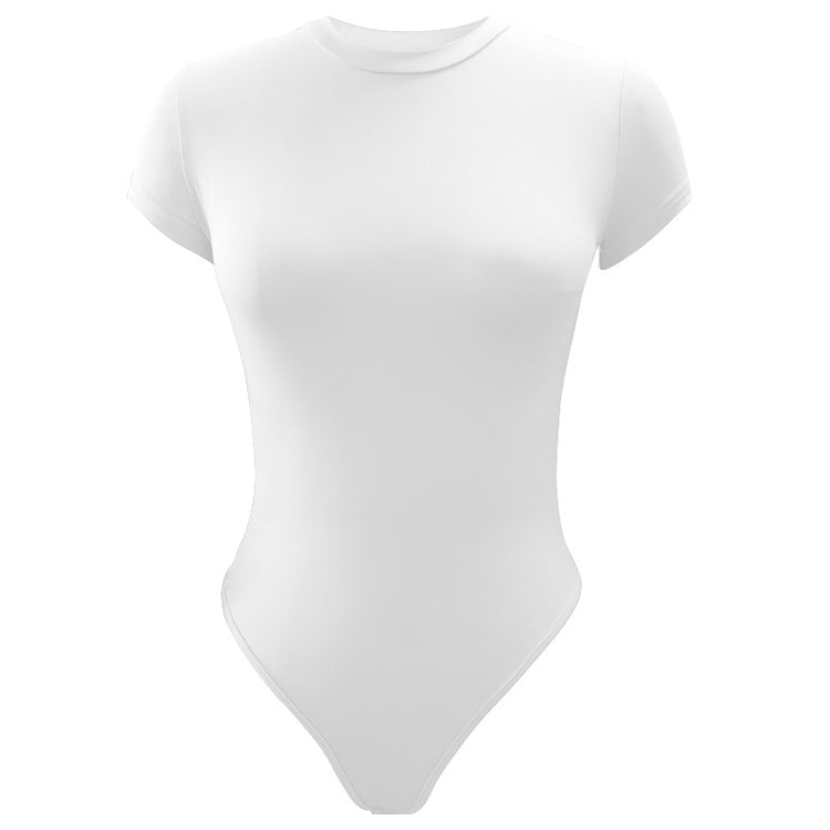 Body moulant femme de couleur unie à manches courtes et col rond, basique et décontracté, pour l'été.