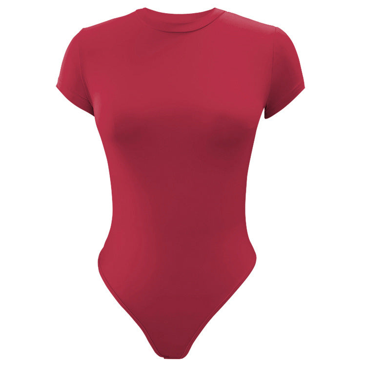 Body moulant femme de couleur unie à manches courtes et col rond, basique et décontracté, pour l'été.