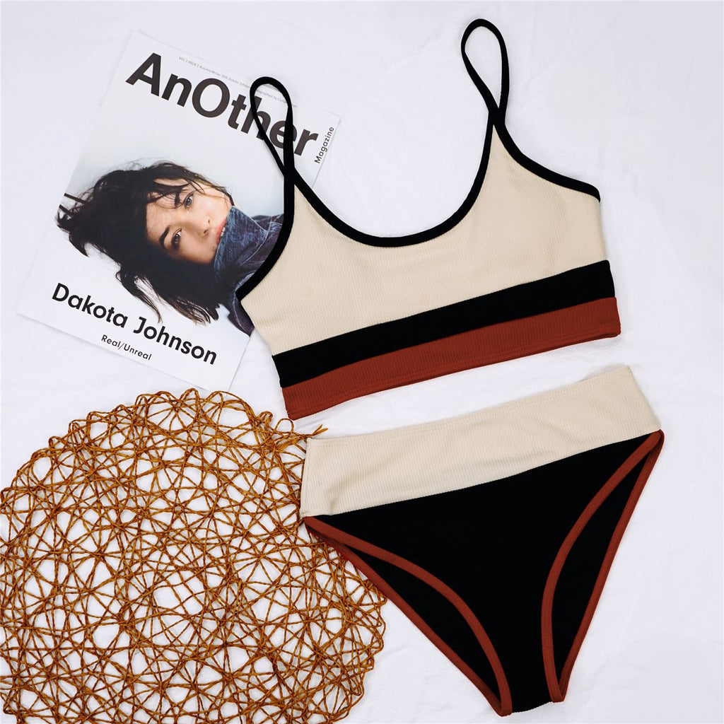 Women Split Swimsuit Rib Fabric Stitching Sexy High Waist Bikini