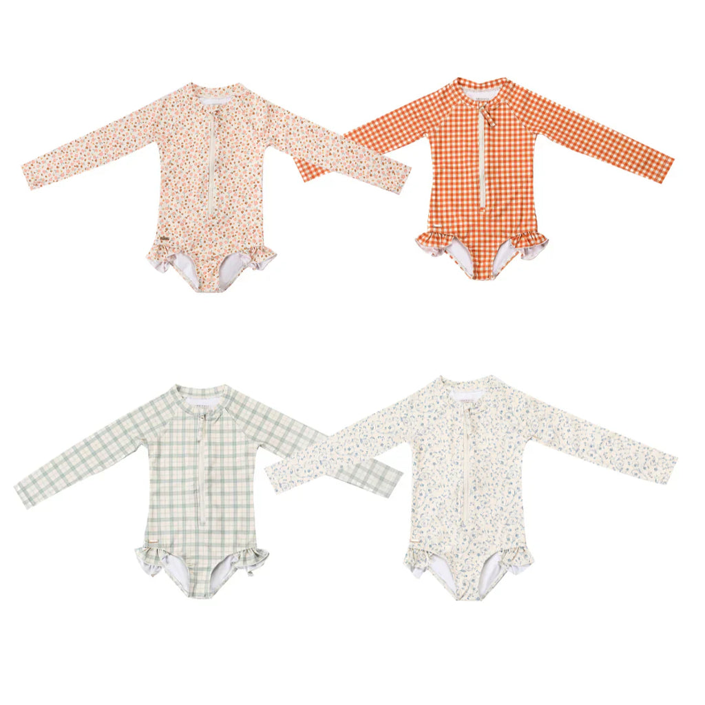Long Sleeve Rashguard Ruffle Swimsuit | UPF + Recycled - Fern Plaid - The7Letter