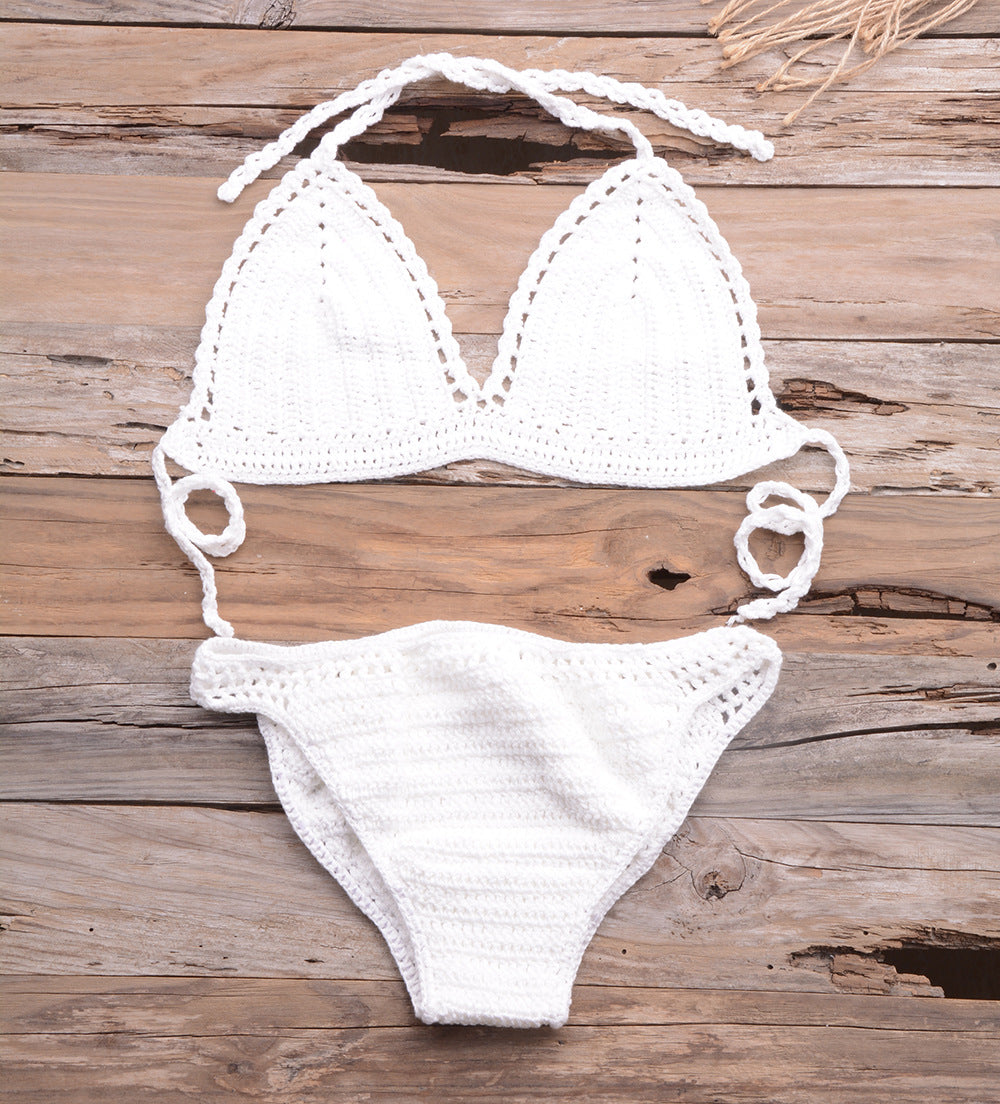 Strand passender geteilter Bikini mit Cut-Outs, ausgehöhlt, handgehäkelt, gewebt, einfarbiges Badeanzug-Set