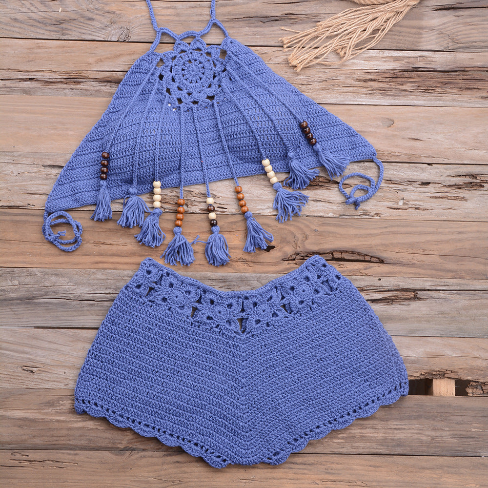 Handgewickeltes Oberteil, böhmische Quaste, ausgeschnittener Bikini, passende, ausgeschnittene Stretch-Shorts