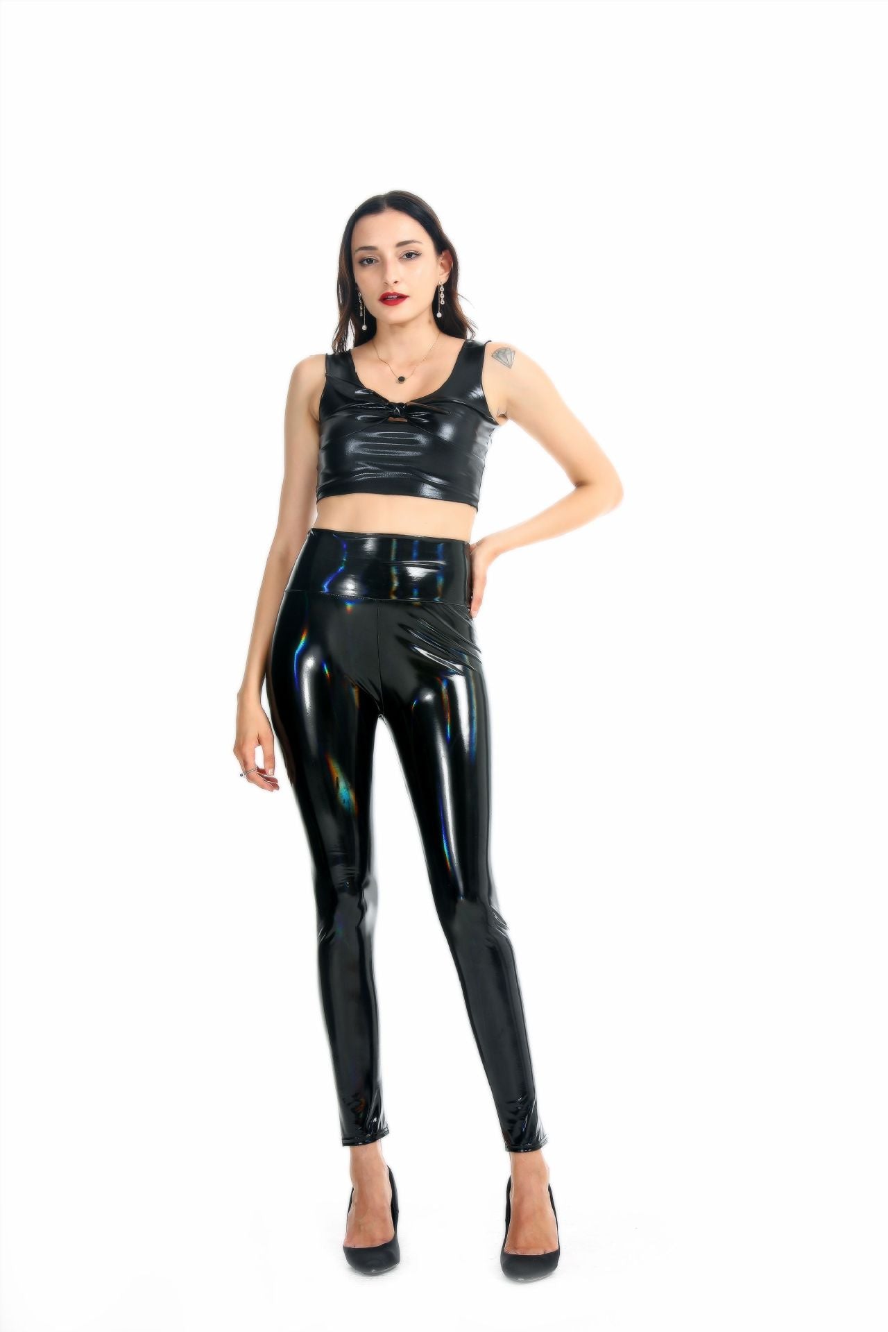 Leggings Adhésifs Miroir Très Élastiques Similicuir Taille Haute Nacrés Colorés Rouge Noir pour Femmes