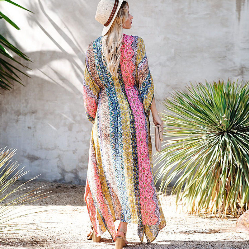 Veste de plage imprimée en rayonne, ample, mi-longue, cardigan de protection solaire, chemisier à porter par-dessus un maillot de bain ou un bikini