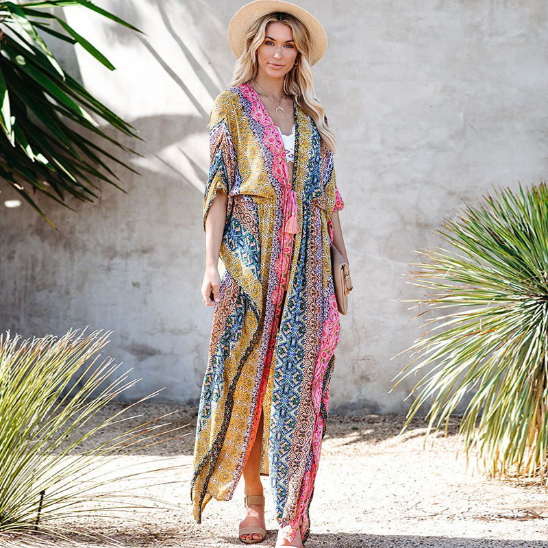 Veste de plage imprimée en rayonne, ample, mi-longue, cardigan de protection solaire, chemisier à porter par-dessus un maillot de bain ou un bikini