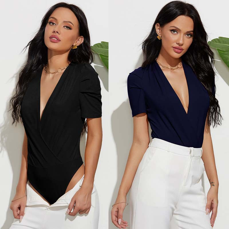 Chemisier Sexy Femme Col V Profond Manches Plissées Coupe Slim Couleur Unie T-shirt Sculptant Justaucorps