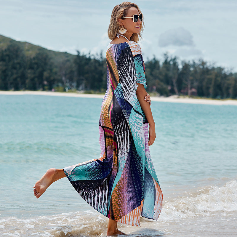 Robe longue ample à motif floral coloré et floral, chemise de protection solaire, robe de plage pour les vacances