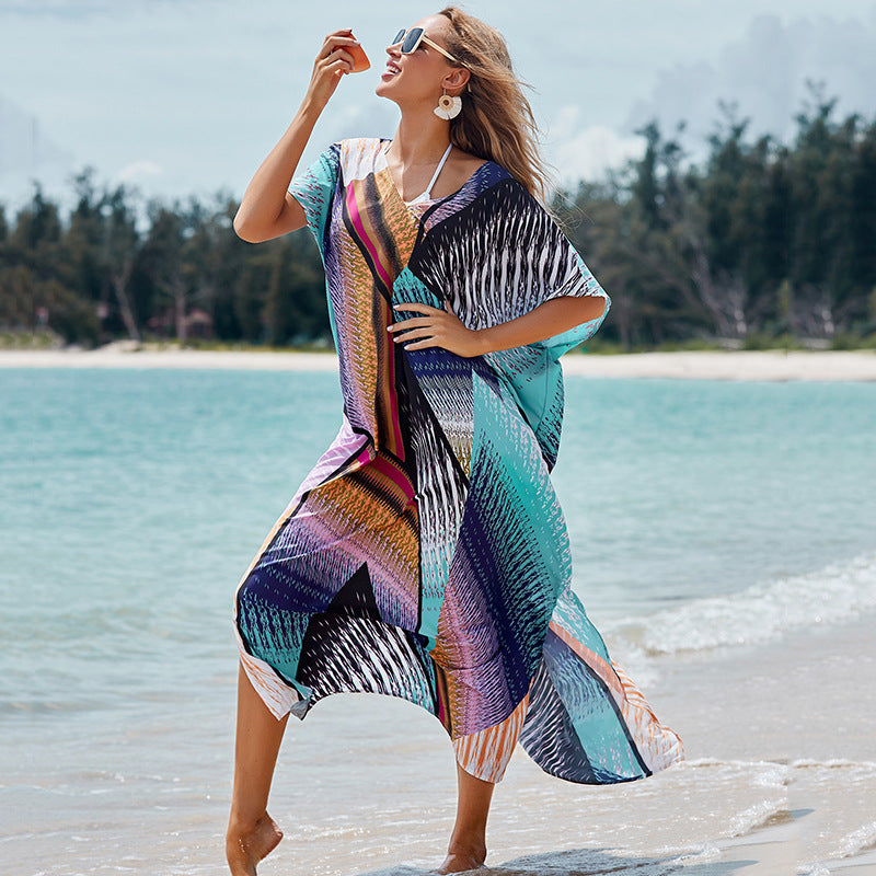 Robe longue ample à motif floral coloré et floral, chemise de protection solaire, robe de plage pour les vacances