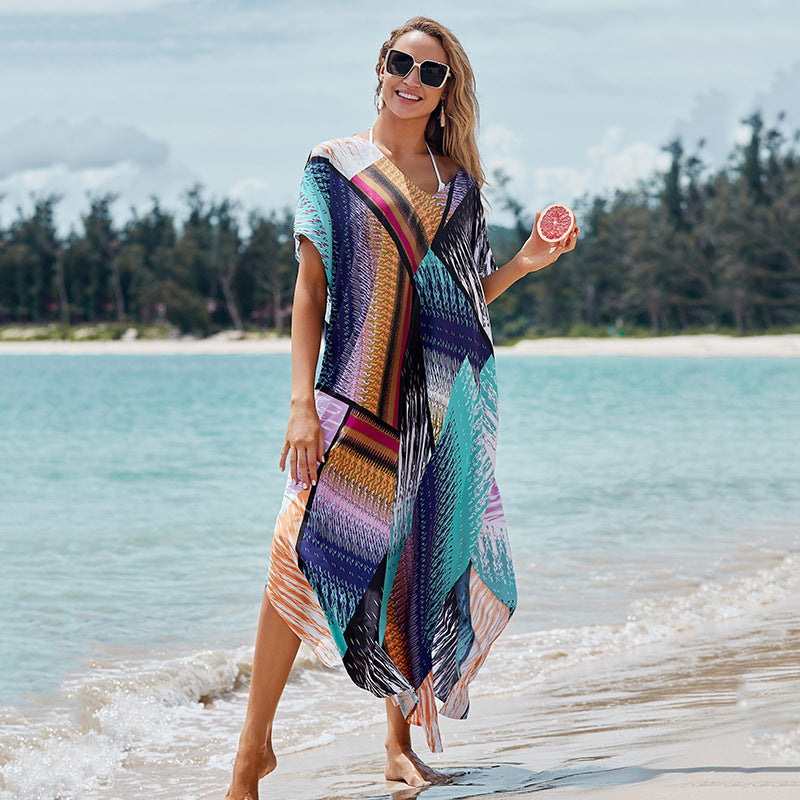 Robe longue ample à motif floral coloré et floral, chemise de protection solaire, robe de plage pour les vacances