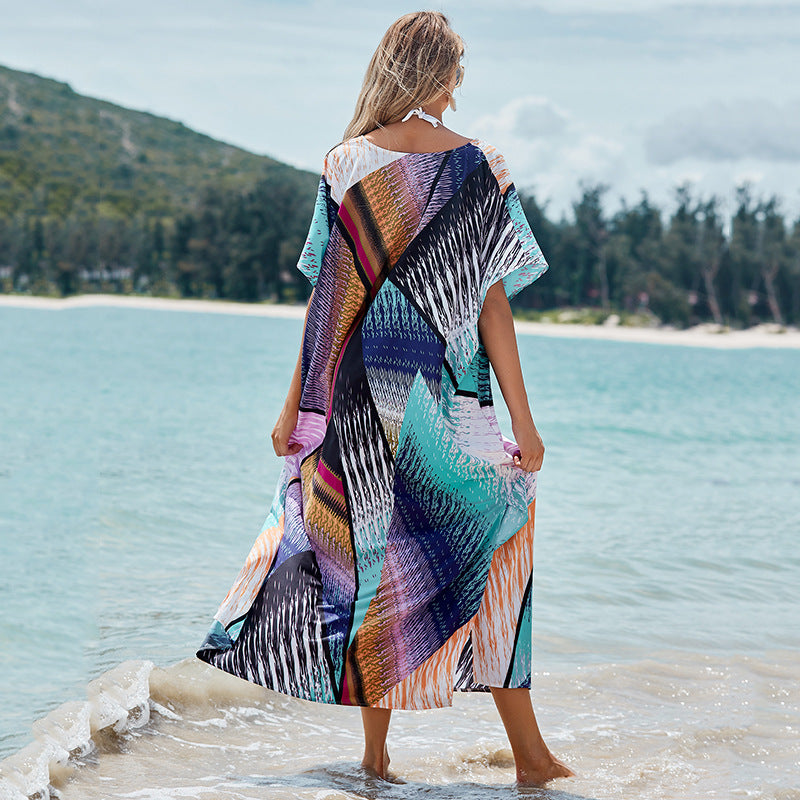 Robe longue ample à motif floral coloré et floral, chemise de protection solaire, robe de plage pour les vacances