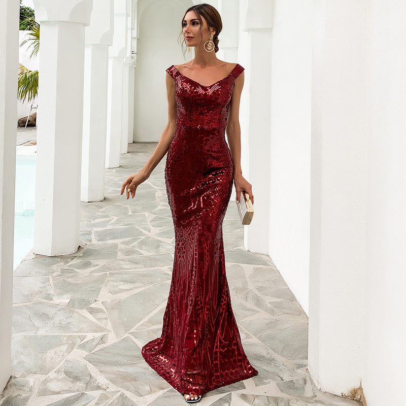 Robe Femme Sexy à Paillettes Bustier Traîne Robe de Soirée Banquet Robe de Bal Cérémonie Robe Sirène