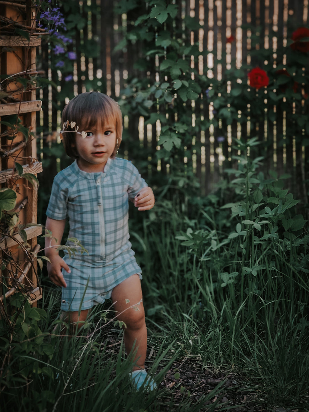Short Sleeve Rashguard Swimsuit | UPF + Recycled - Fern Plaid - The7Letter