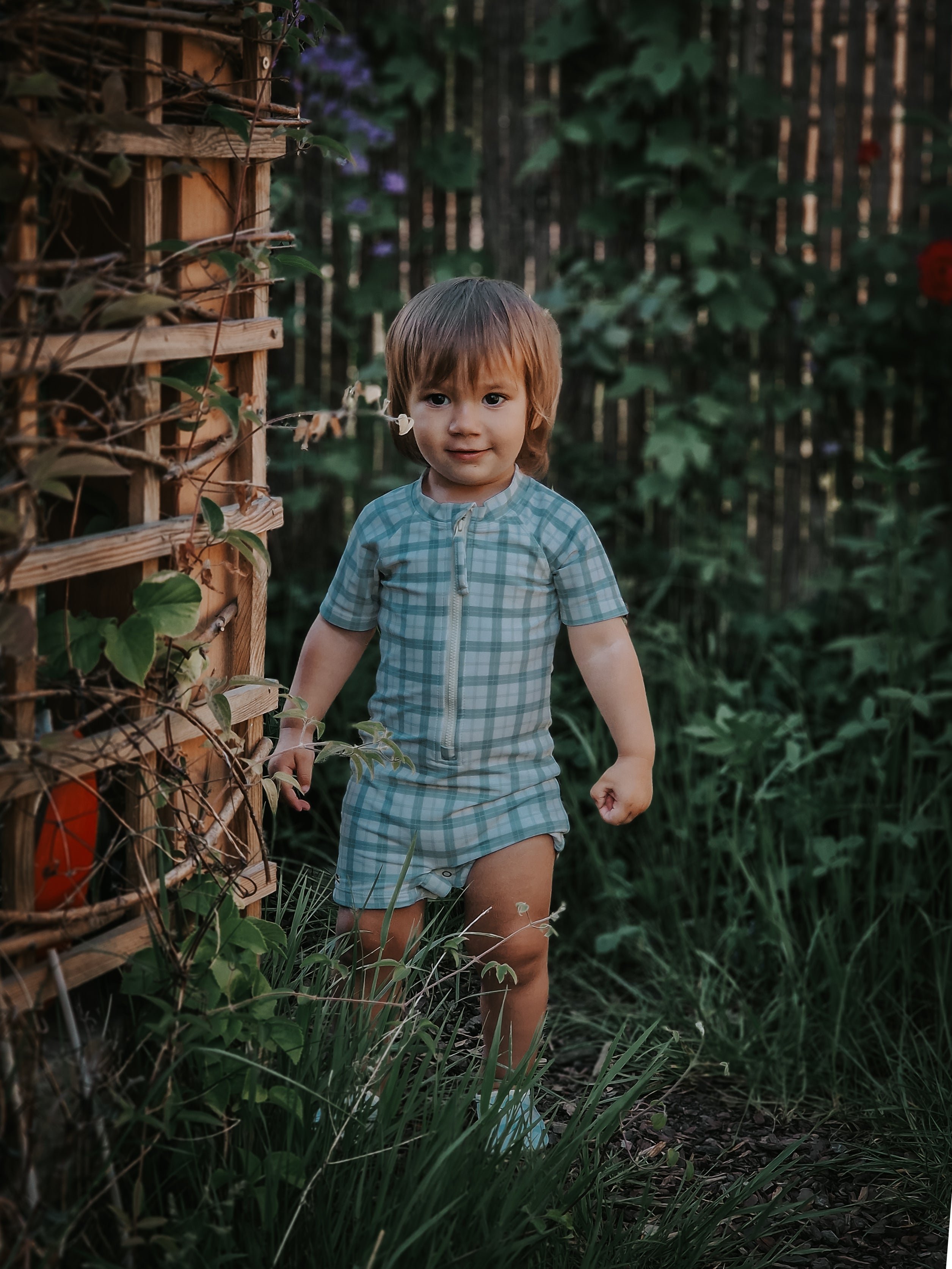 Short Sleeve Rashguard Swimsuit | UPF + Recycled - Fern Plaid - The7Letter