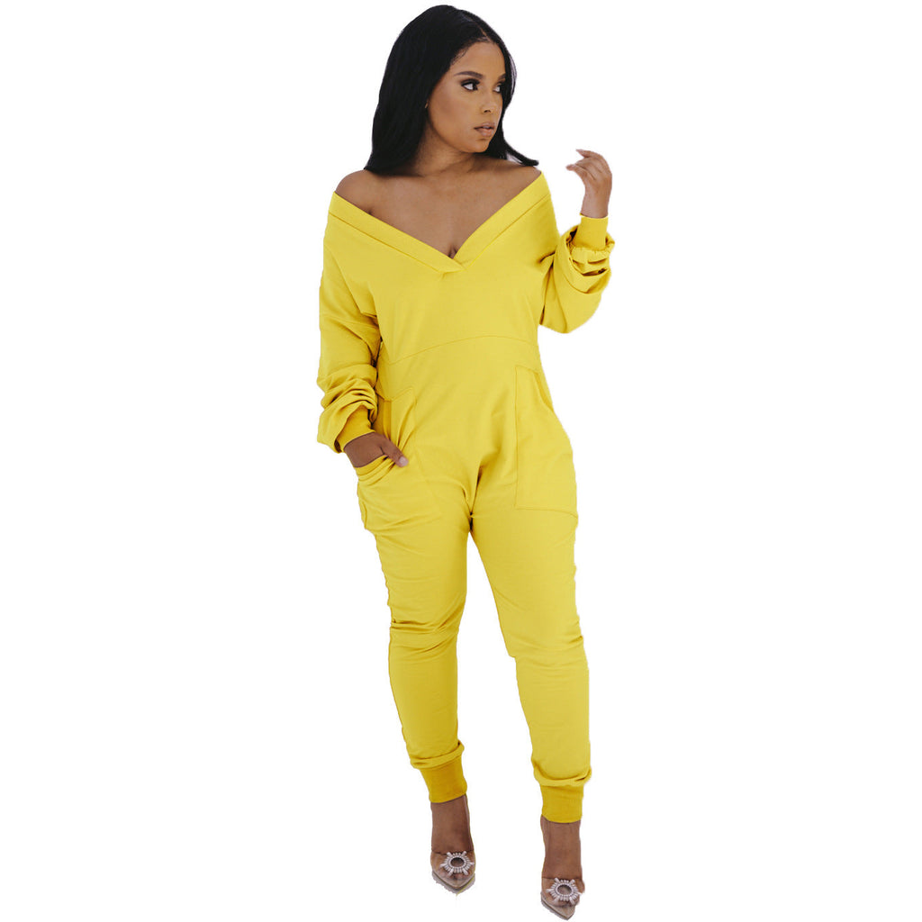 Combinaison-Pyjama Femme Col en V Sexy Manches Longues Automne Hiver