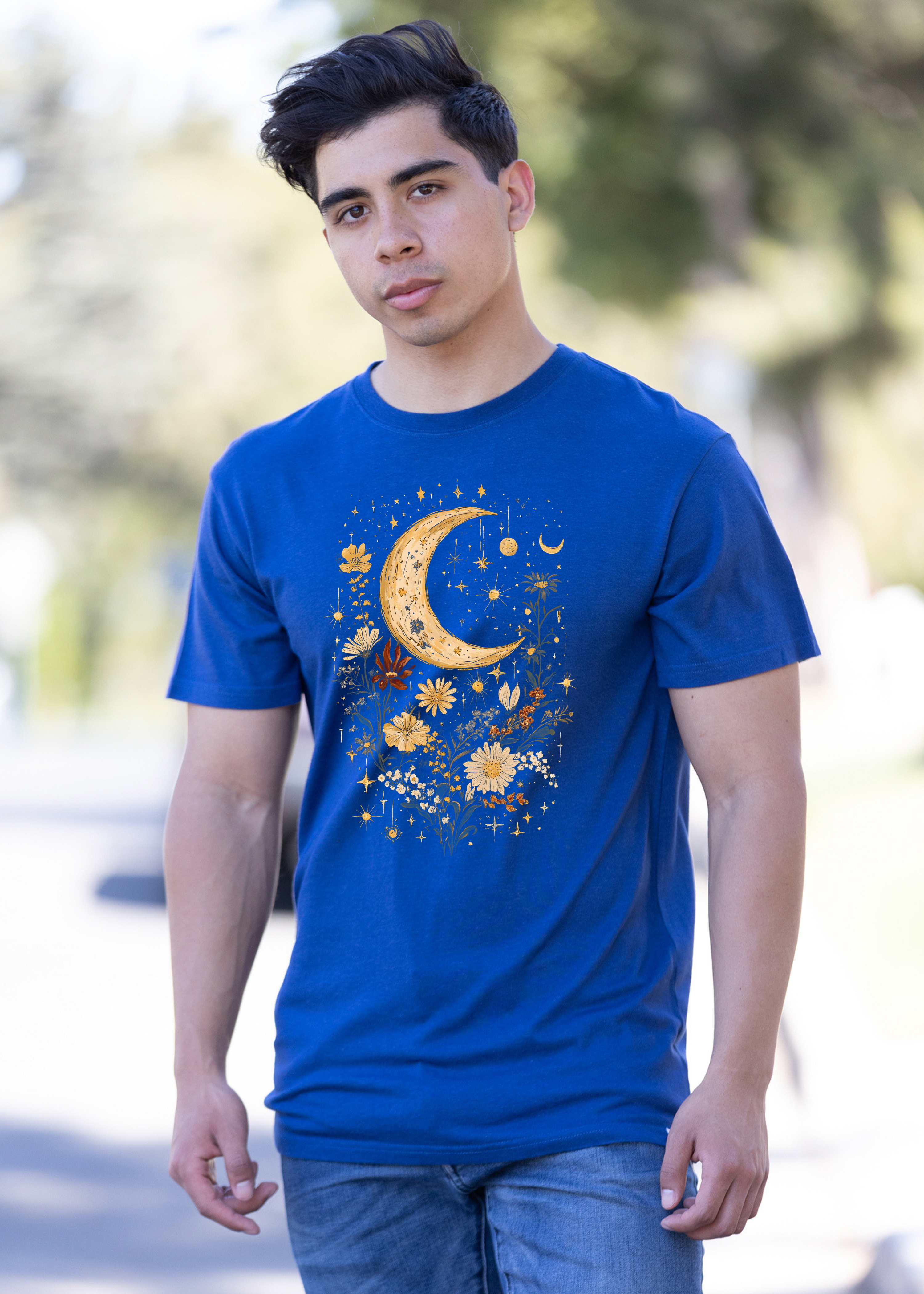 Celestial Moon Boho Flowers Vintage Unisex Bamboo/Cotton Graphic T-Shirt - The7Letter