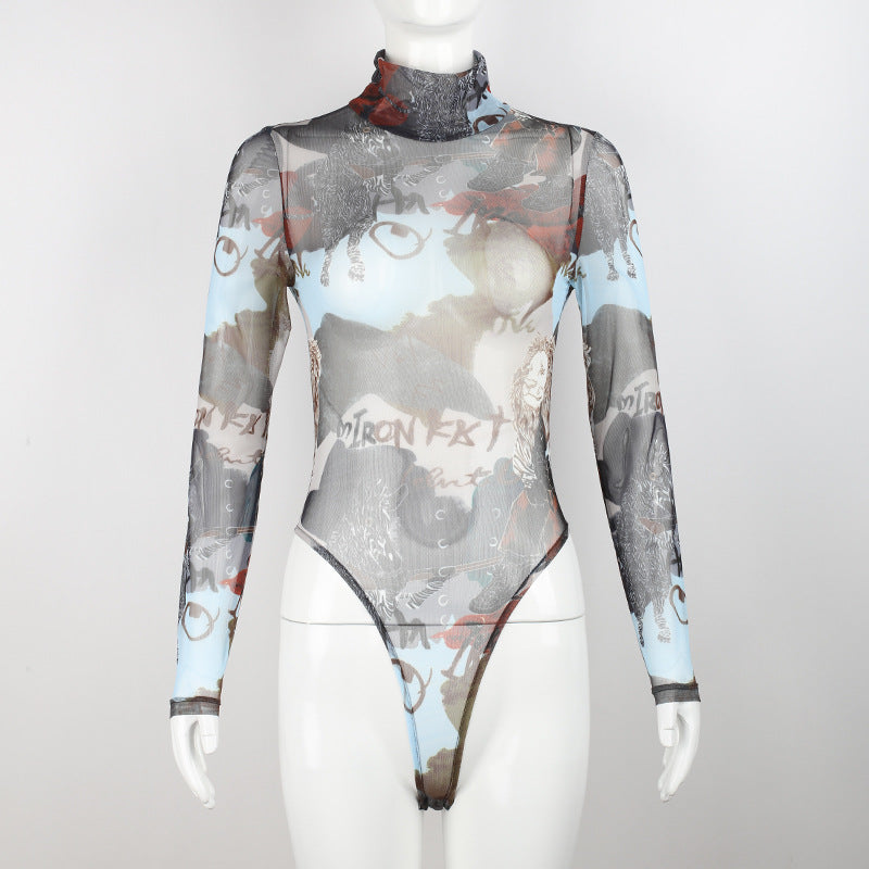 Sexy transparenter Netz-Bodysuit mit Buchstaben-Print und langen Ärmeln
