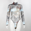 Sexy transparenter Netz-Bodysuit mit Buchstaben-Print und langen Ärmeln
