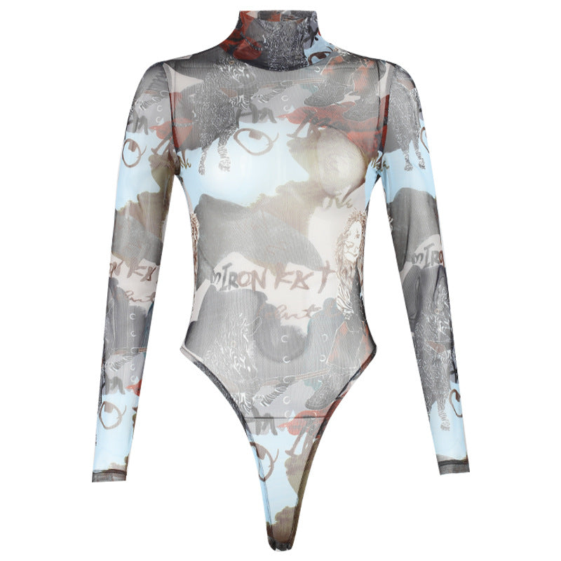 Sexy transparenter Netz-Bodysuit mit Buchstaben-Print und langen Ärmeln