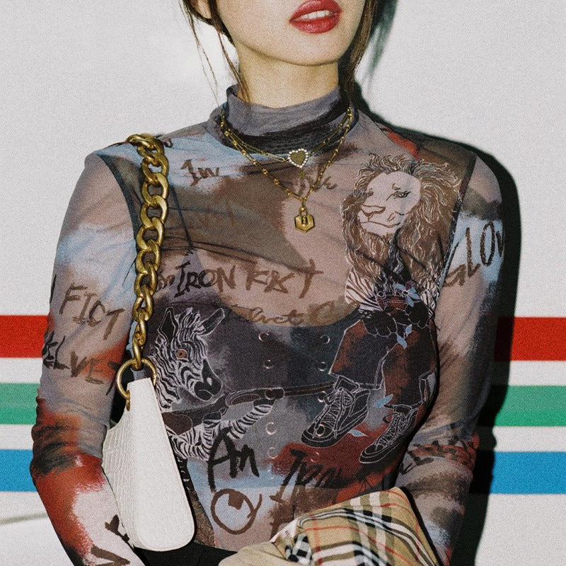 Sexy transparenter Netz-Bodysuit mit Buchstaben-Print und langen Ärmeln