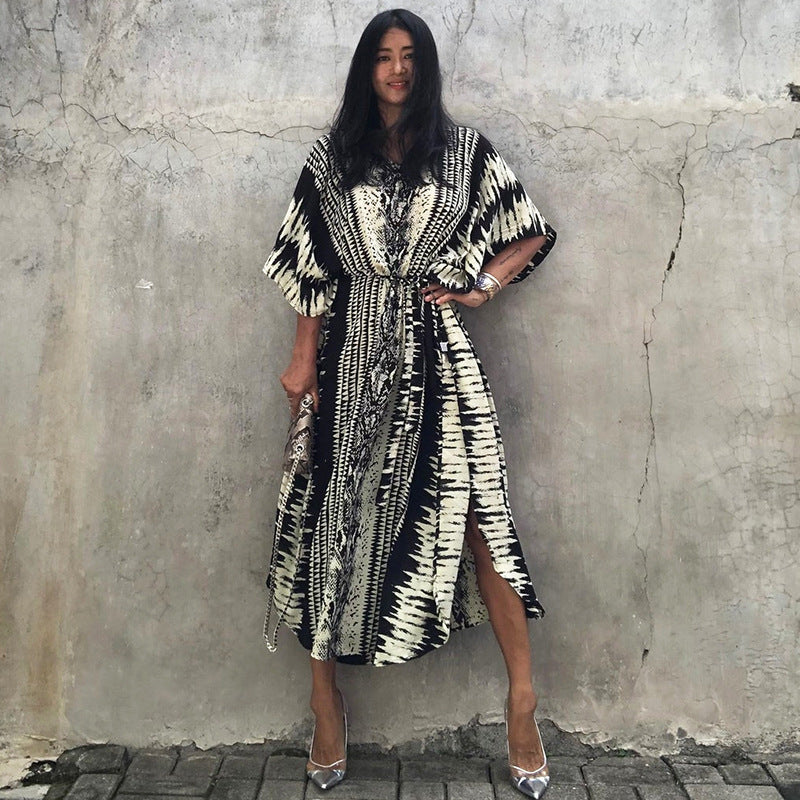 Robe longue rayonne à motif serpent, protection solaire, veste de plage, blouse, robe de vacances en bord de mer pour femme