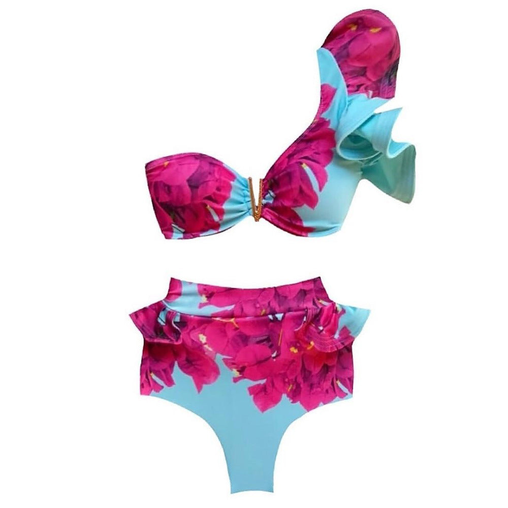 Bikini Zweiteiliger Badeanzug Damen Rüschen Hohe Taille mit Trägern