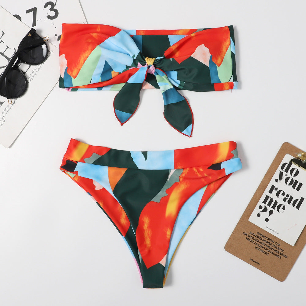 Bikini-Set mit Schleifen-Print für Damen, sexy, mehrfarbig, Triangel, Strand, Frühling, Bademode