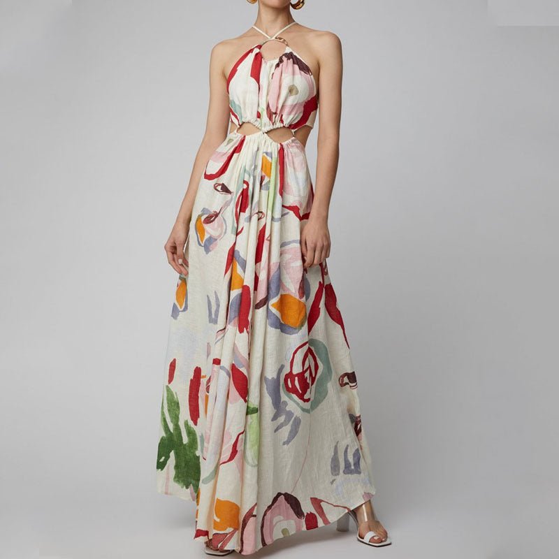 Frühling Sommer Damenbekleidung Slim Fit Großer Swing-Sling-Stitching-Druck Maxikleid Strandkleid