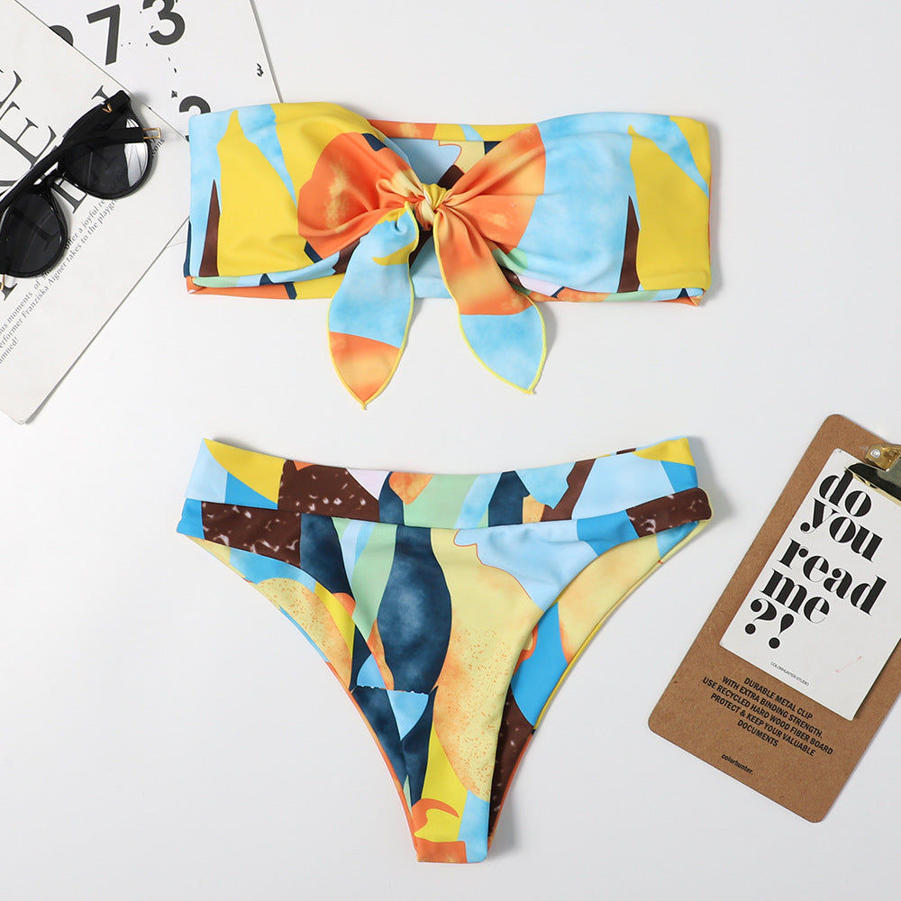 Bikini-Set mit Schleifen-Print für Damen, sexy, mehrfarbig, Triangel, Strand, Frühling, Bademode