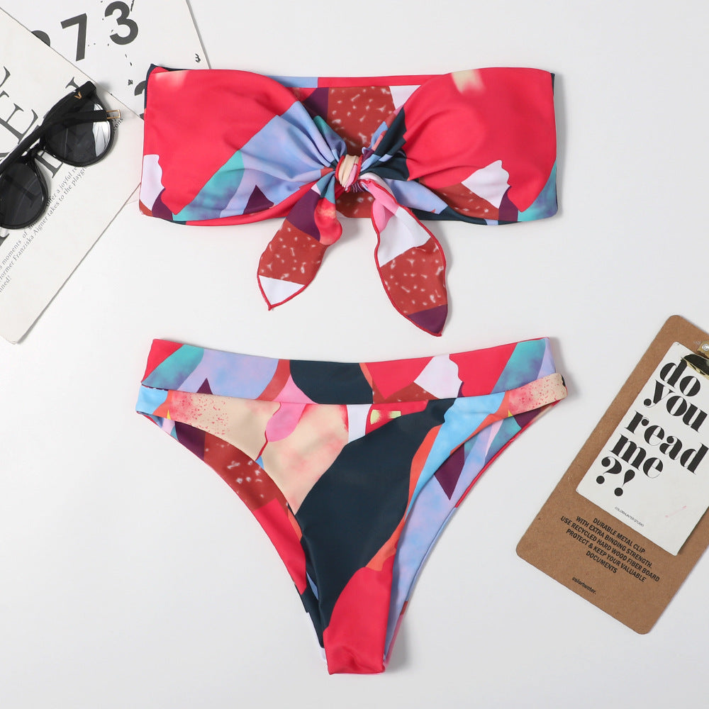 Bikini-Set mit Schleifen-Print für Damen, sexy, mehrfarbig, Triangel, Strand, Frühling, Bademode