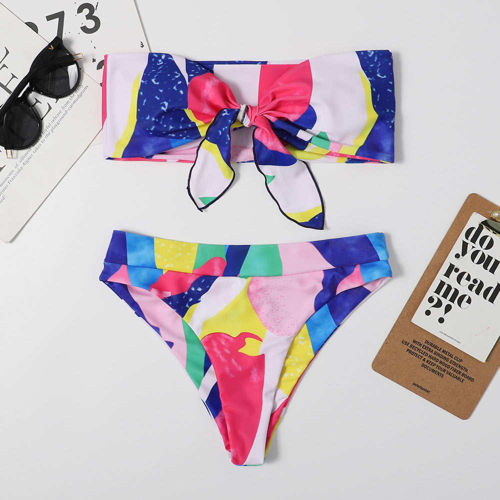 Bikini-Set mit Schleifen-Print für Damen, sexy, mehrfarbig, Triangel, Strand, Frühling, Bademode