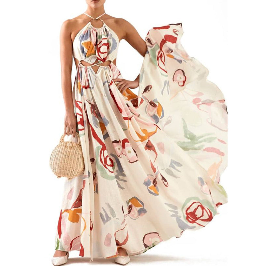 Frühling Sommer Damenbekleidung Slim Fit Großer Swing-Sling-Stitching-Druck Maxikleid Strandkleid