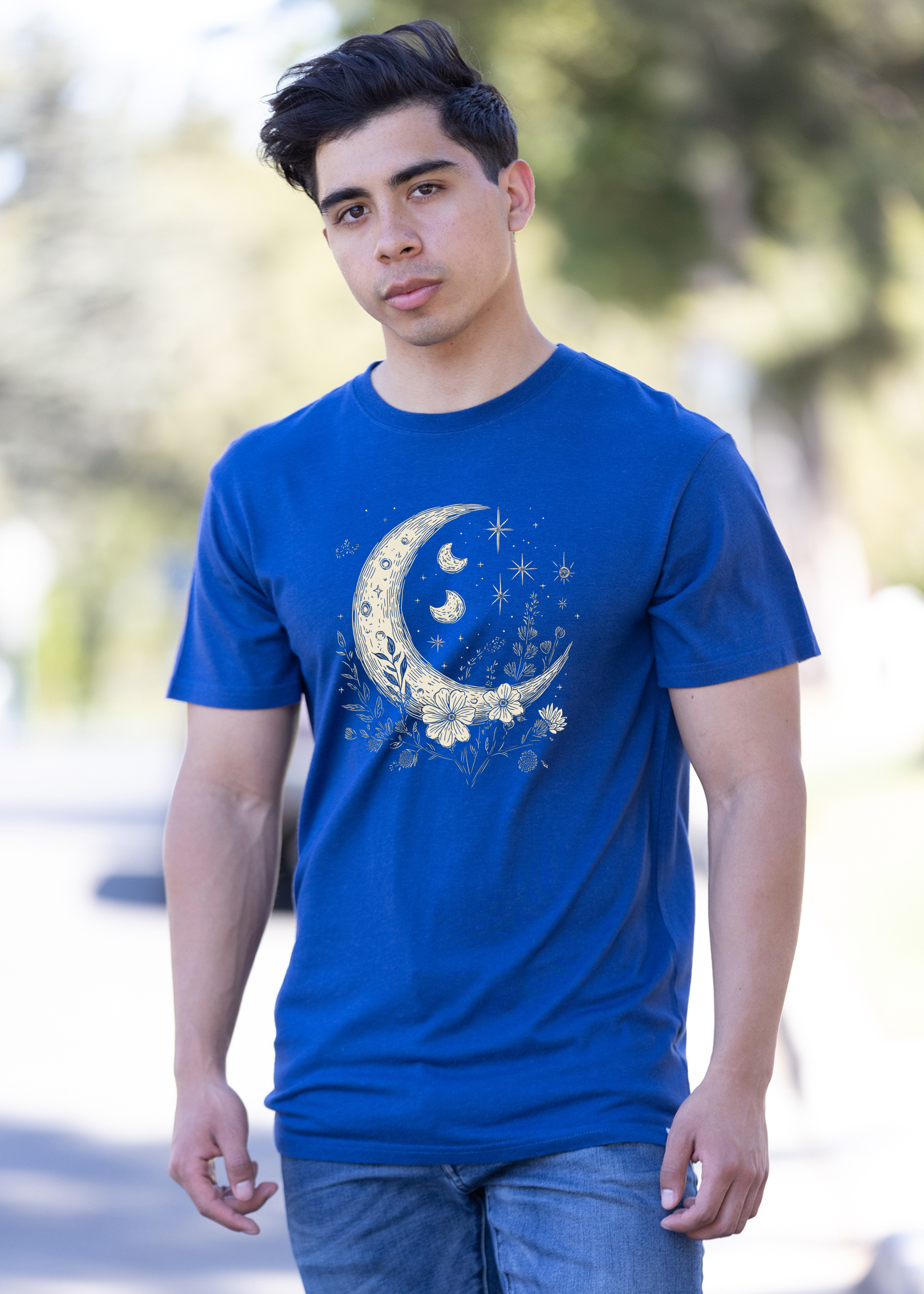 Moons and Stars Boho Flowers Vintage Unisex Bamboo/Cotton Graphic T-Shirt - The7Letter