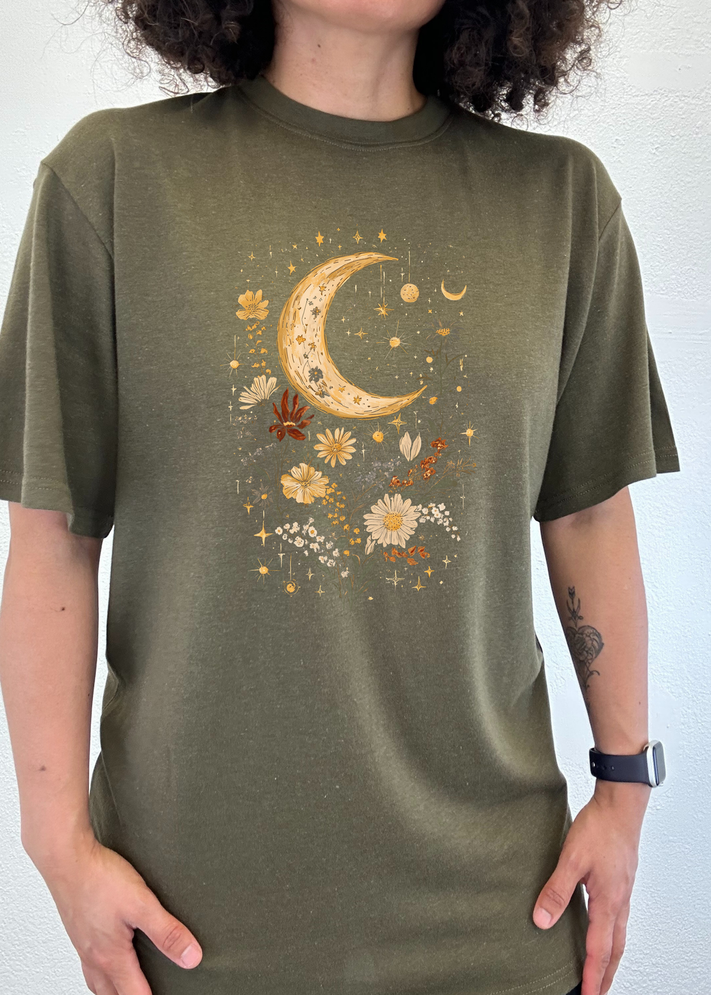 Celestial Moon Boho Flowers Vintage Unisex Bamboo/Cotton Graphic T-Shirt - The7Letter