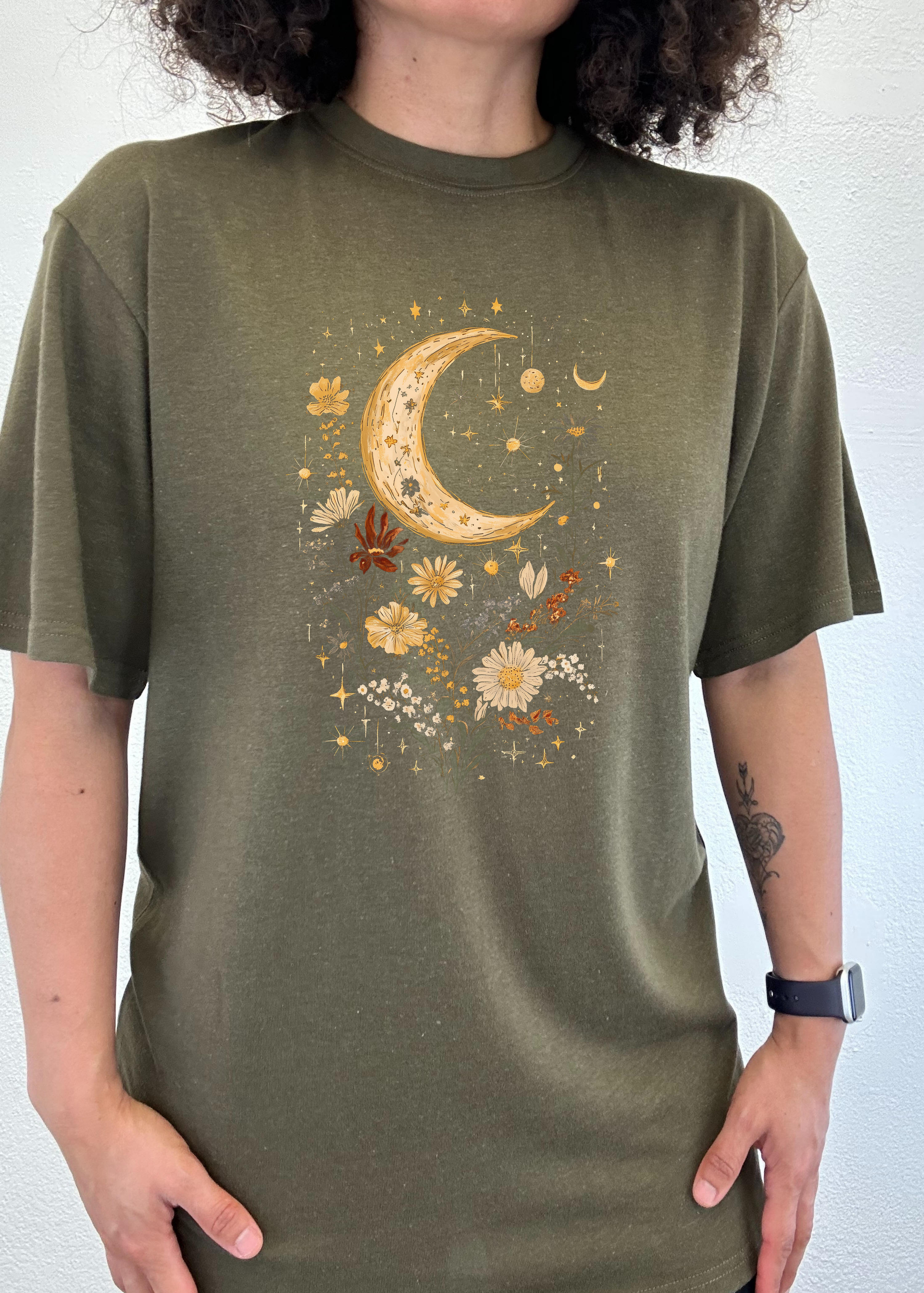 Celestial Moon Boho Flowers Vintage Unisex Bamboo/Cotton Graphic T-Shirt - The7Letter