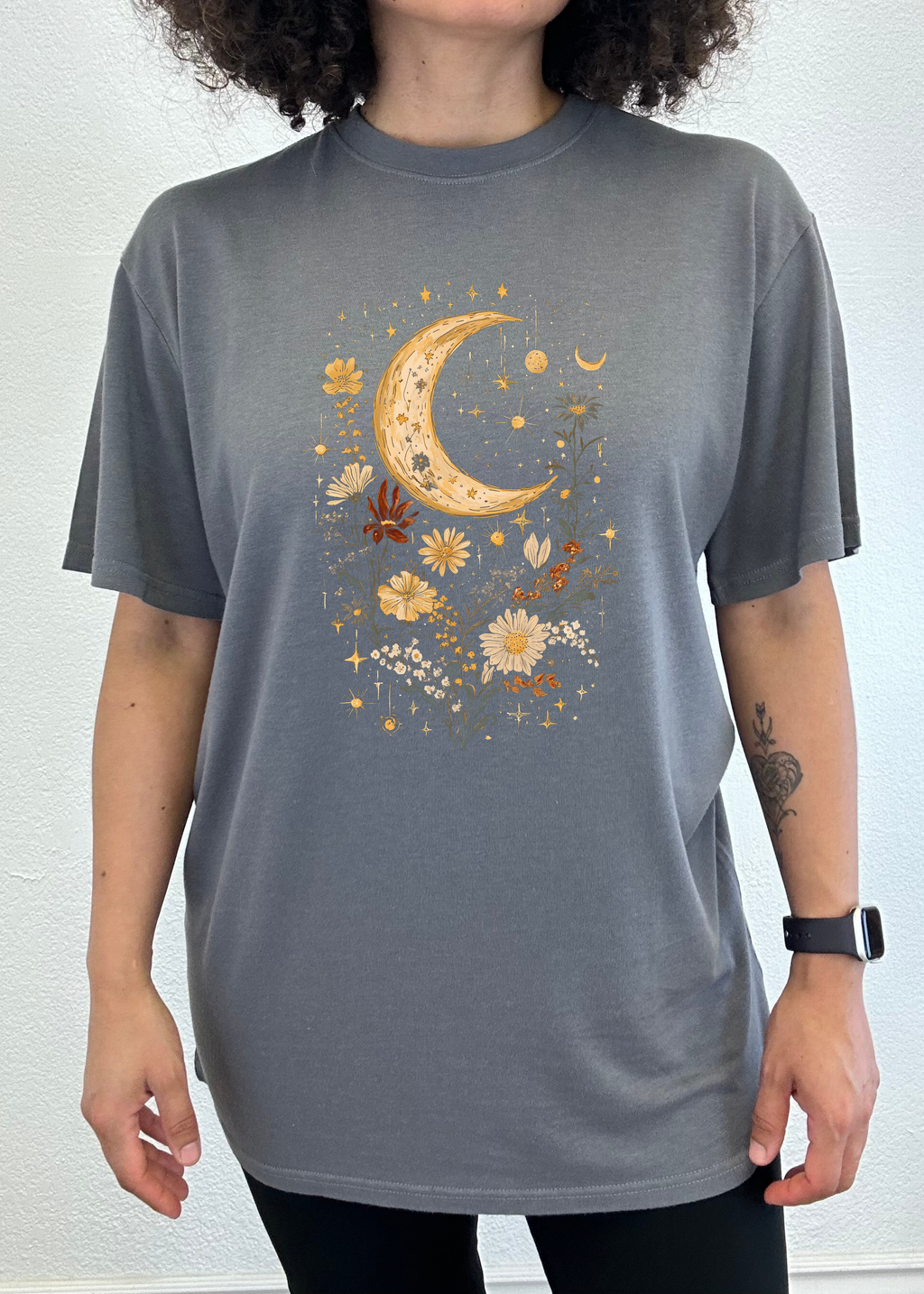 Celestial Moon Boho Flowers Vintage Unisex Bamboo/Cotton Graphic T-Shirt - The7Letter