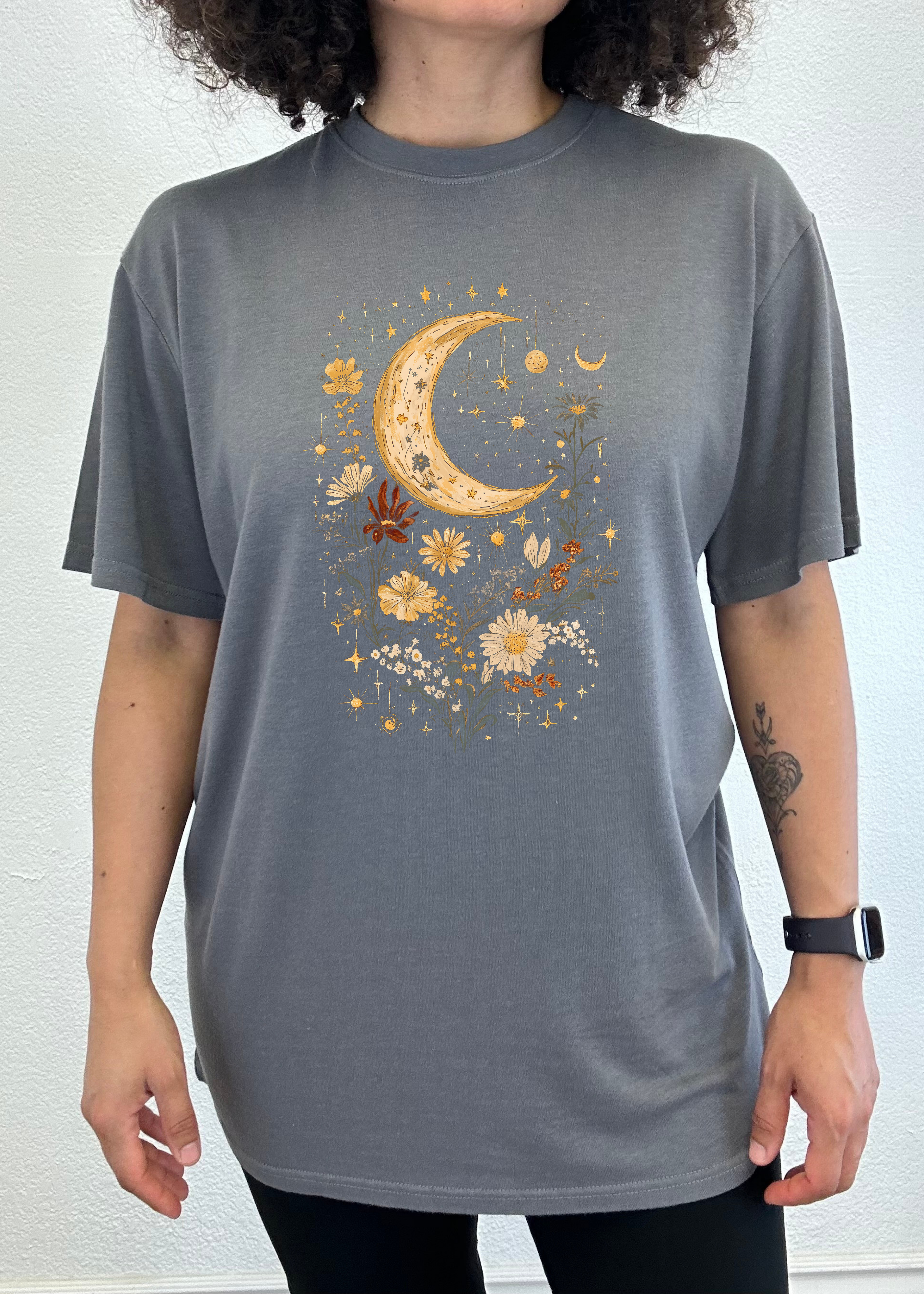 Celestial Moon Boho Flowers Vintage Unisex Bamboo/Cotton Graphic T-Shirt - The7Letter
