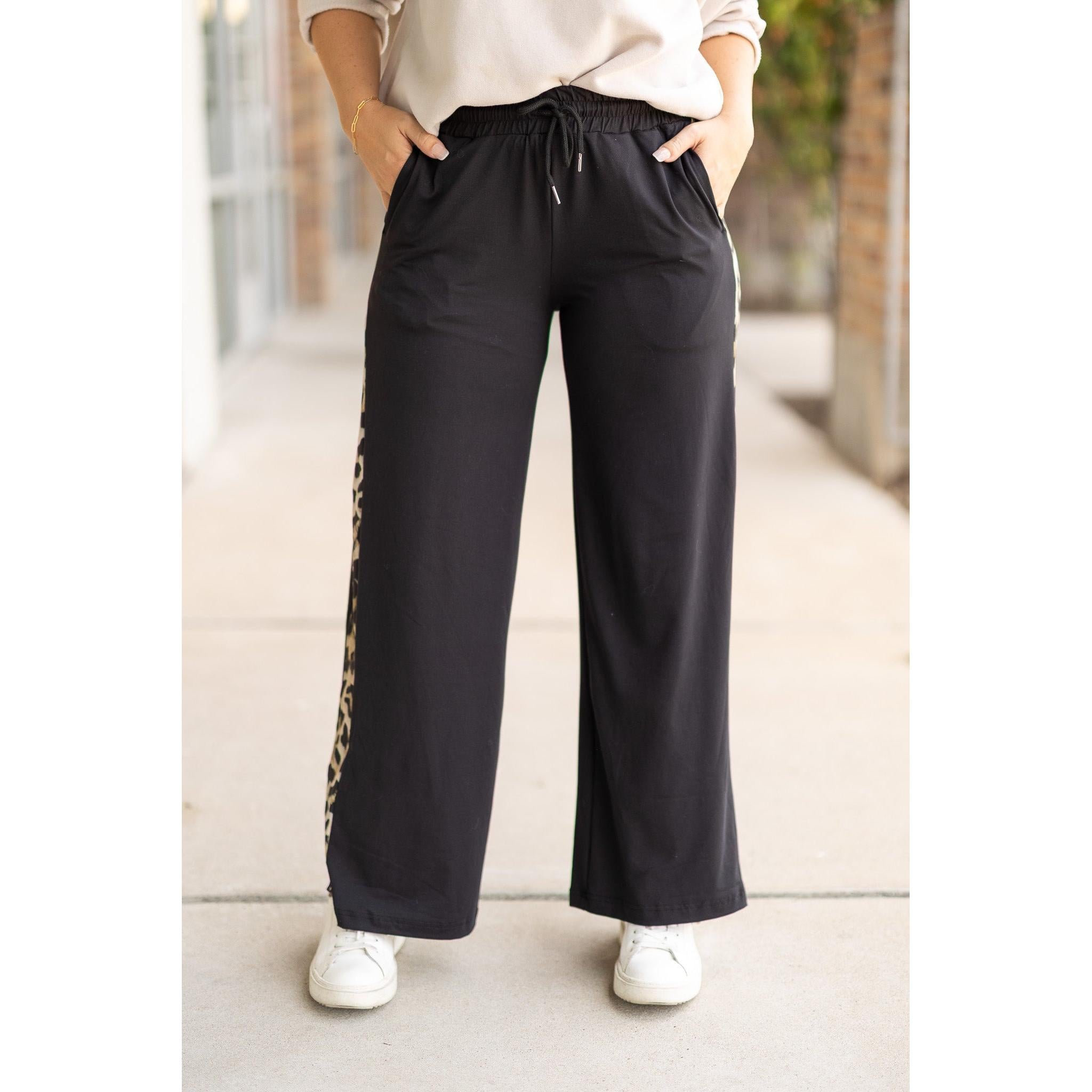 Chelsea - Pantalon d'intérieur noir à jambe large avec empiècement léopard