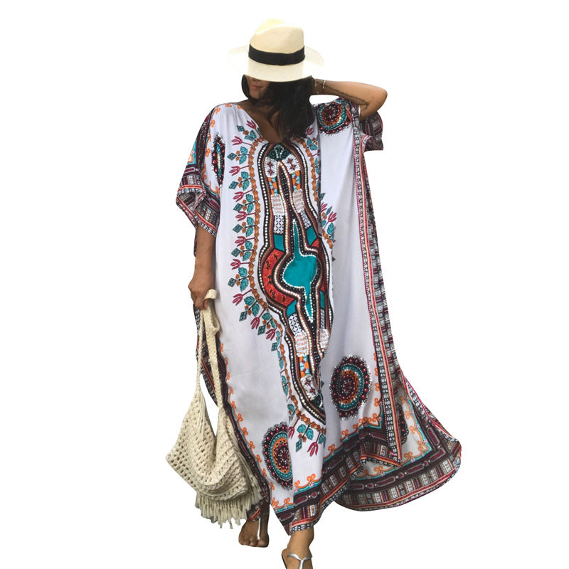 Rayon Strandplatzierung Blumenmuster Locker Langes Strand-Kimono-Kleid Urlaubskleidung
