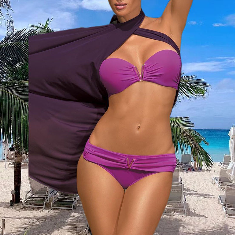 Weißer Push-up-Damen-Badeanzug, sexy Bikini-Set für den Sommerstrand, einfarbiger Badeanzug für Damen, Bandeau-Badeanzug