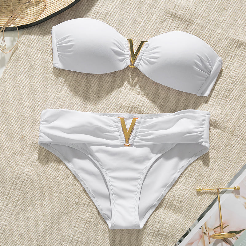 Weißer Push-up-Damen-Badeanzug, sexy Bikini-Set für den Sommerstrand, einfarbiger Badeanzug für Damen, Bandeau-Badeanzug