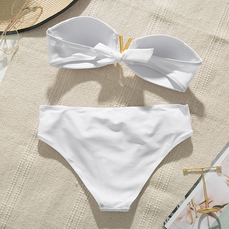 Weißer Push-up-Damen-Badeanzug, sexy Bikini-Set für den Sommerstrand, einfarbiger Badeanzug für Damen, Bandeau-Badeanzug