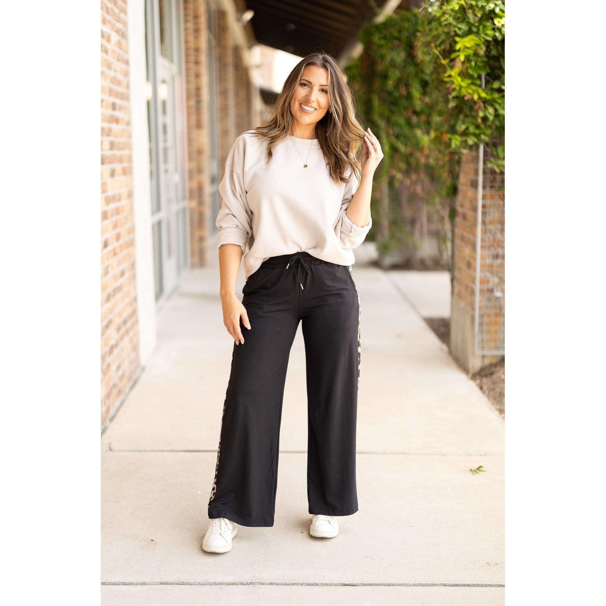 Chelsea - Pantalon d'intérieur noir à jambe large avec empiècement léopard
