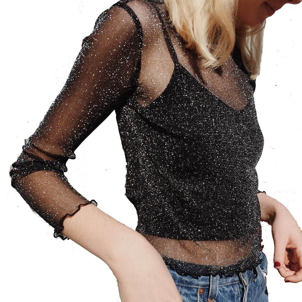 Sexy transparentes Mesh T-Shirt für Damen, langärmeliges, glänzendes Seiden-Unterhemd, Oberteil