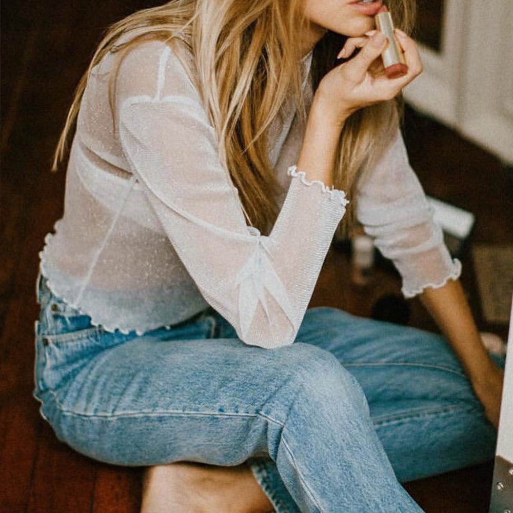 Sexy transparentes Mesh T-Shirt für Damen, langärmeliges, glänzendes Seiden-Unterhemd, Oberteil