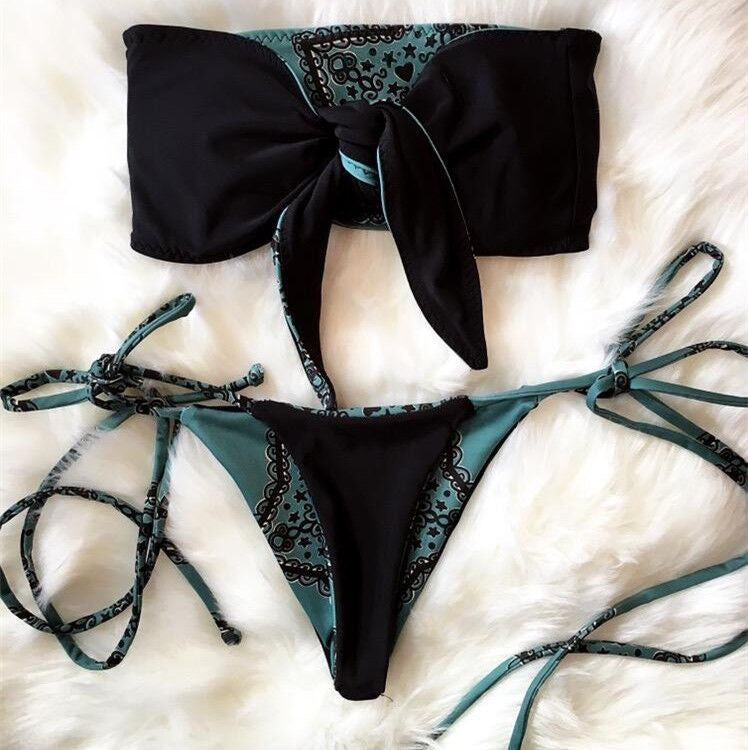 Retro bedruckter Bikini, vorne geknoteter Badeanzug, Damen-Badeanzug, Bikini zum Binden