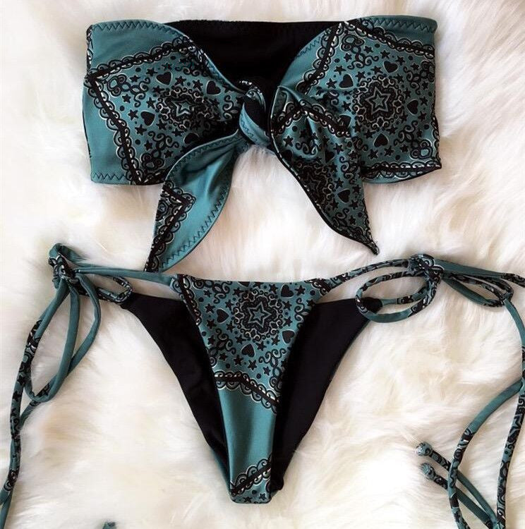 Retro bedruckter Bikini, vorne geknoteter Badeanzug, Damen-Badeanzug, Bikini zum Binden