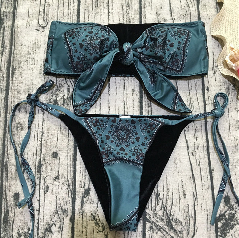 Retro bedruckter Bikini, vorne geknoteter Badeanzug, Damen-Badeanzug, Bikini zum Binden