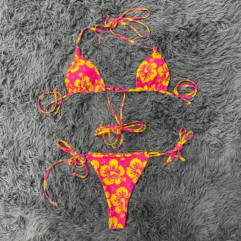 String Halter Maillot de Bain Femme Triangle Micro Bikinis Femme Imprimé Floral Maillot de Bain Femme Sexy Maillot de Bain Lacets Biquini